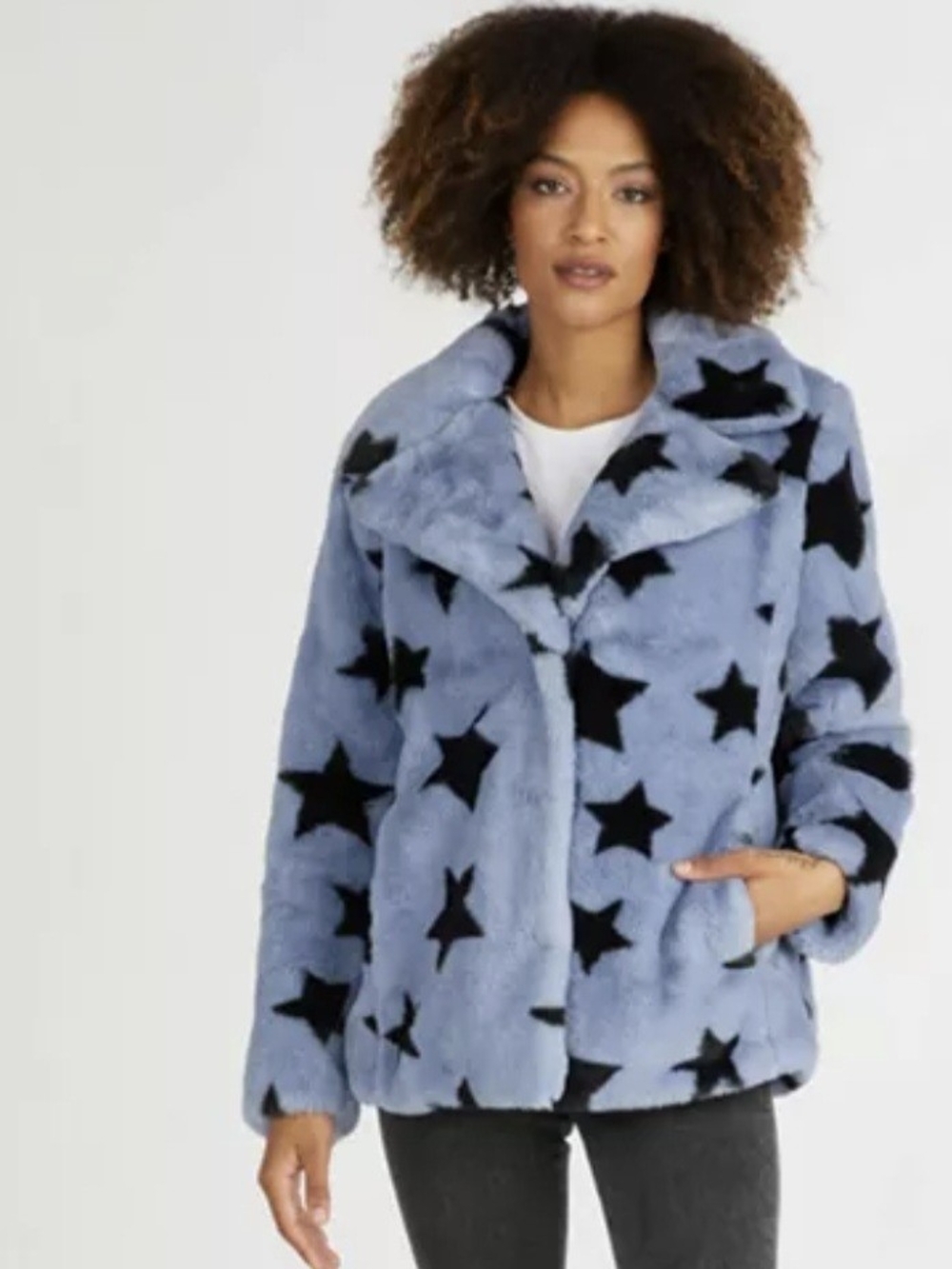 NVLT Light Blue Faux Fur Peacoat with Black Star Print